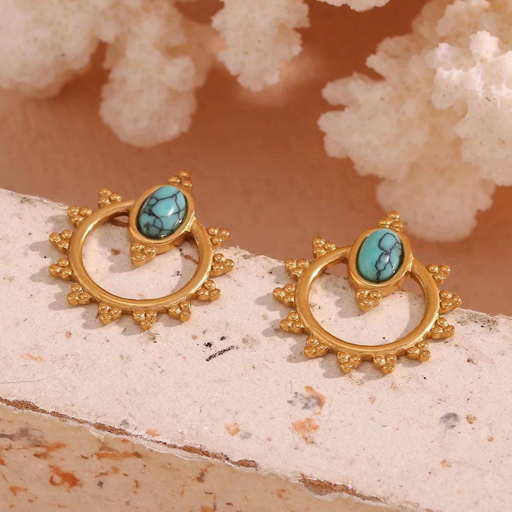 18K Gold Plated Oval Blue Turquoise Stainless Steel Tarnish Free Stud Earrings - Tarot Treasures