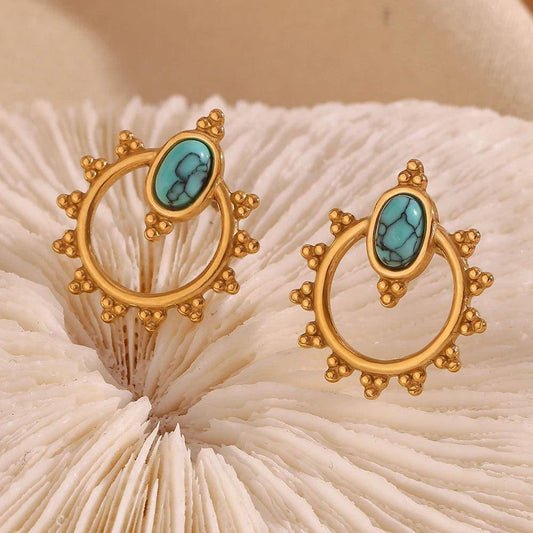 18K Gold Plated Oval Blue Turquoise Stainless Steel Tarnish Free Stud Earrings - Tarot Treasures