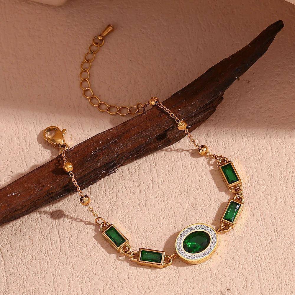 18K Gold Plated Oval Green Rhinestone Tarnish Free Bracelet - Tarot Treasures