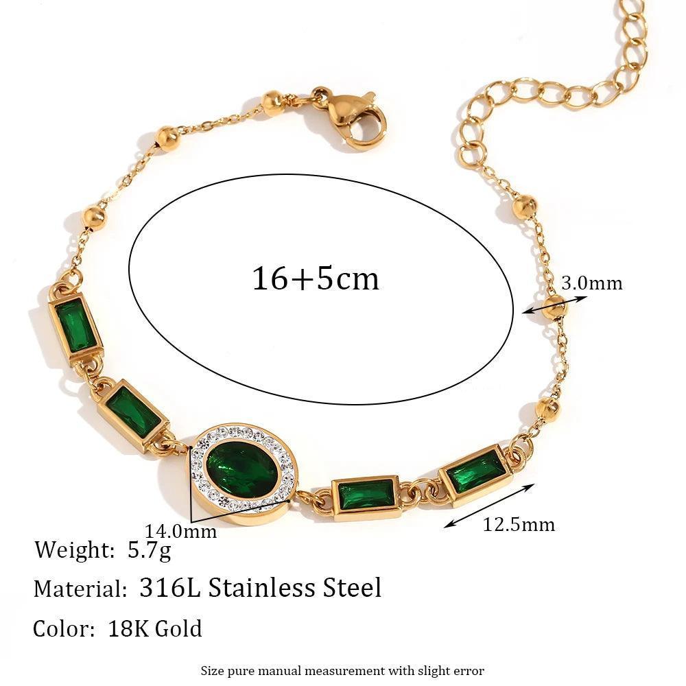 18K Gold Plated Oval Green Rhinestone Tarnish Free Bracelet - Tarot Treasures