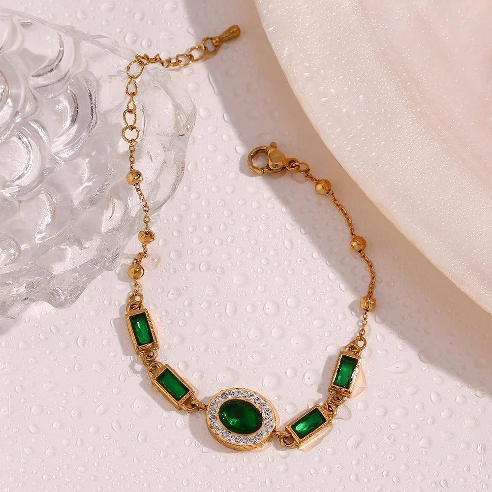 18K Gold Plated Oval Green Rhinestone Tarnish Free Bracelet - Tarot Treasures