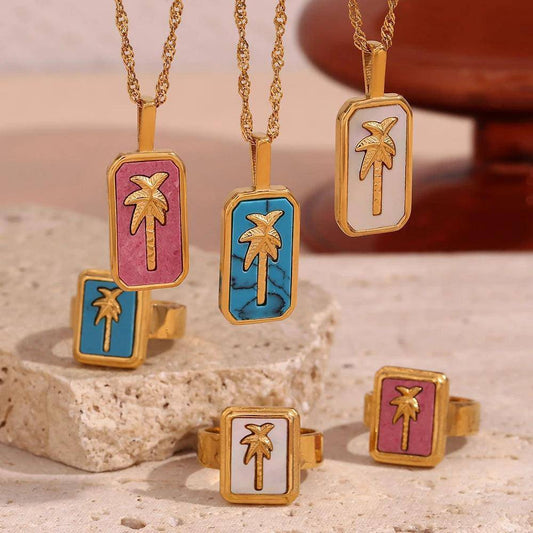 18K Gold Plated Palm Tree Stainless Steel Tarnish Free Pendant Necklaces and Rings - Tarot Treasures