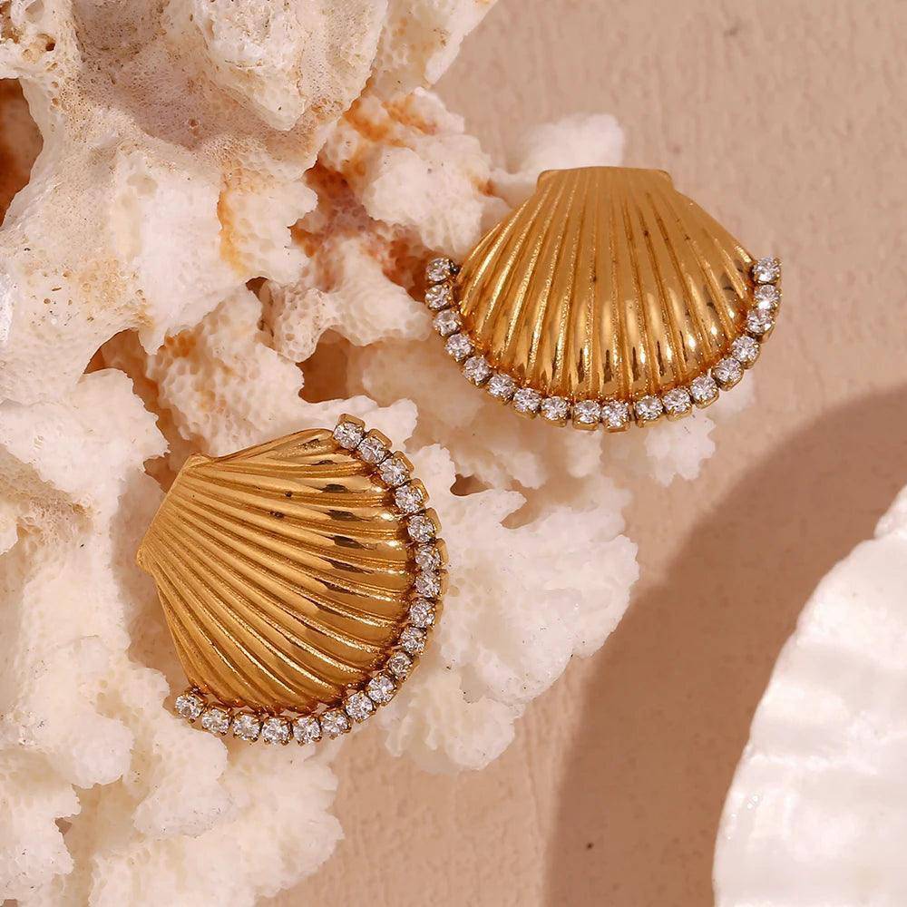 18K Gold Plated Seashell Stainless Steel Tarnish Free Stud Earrings - Tarot Treasures