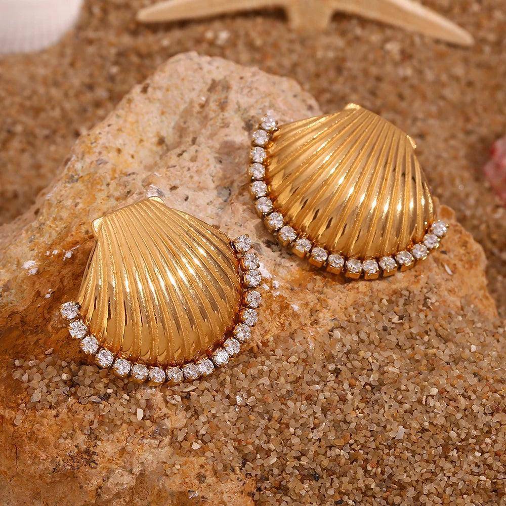 18K Gold Plated Seashell Stainless Steel Tarnish Free Stud Earrings - Tarot Treasures