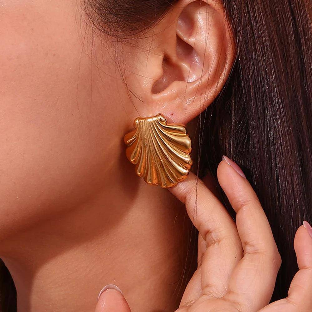 18K Gold Plated Shell Scallop Stud Stainless Steel Tarnish Free Earrings - Tarot Treasures