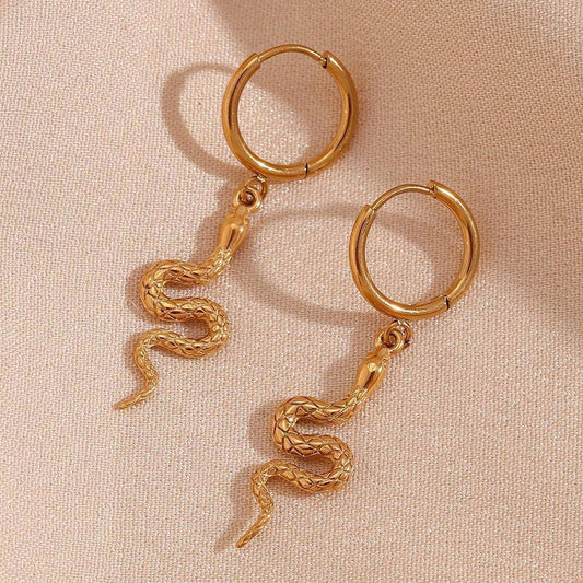 18K Gold Plated Snake Pendant Stainless Steel Tarnish Free Hoop Earrings - Tarot Treasures