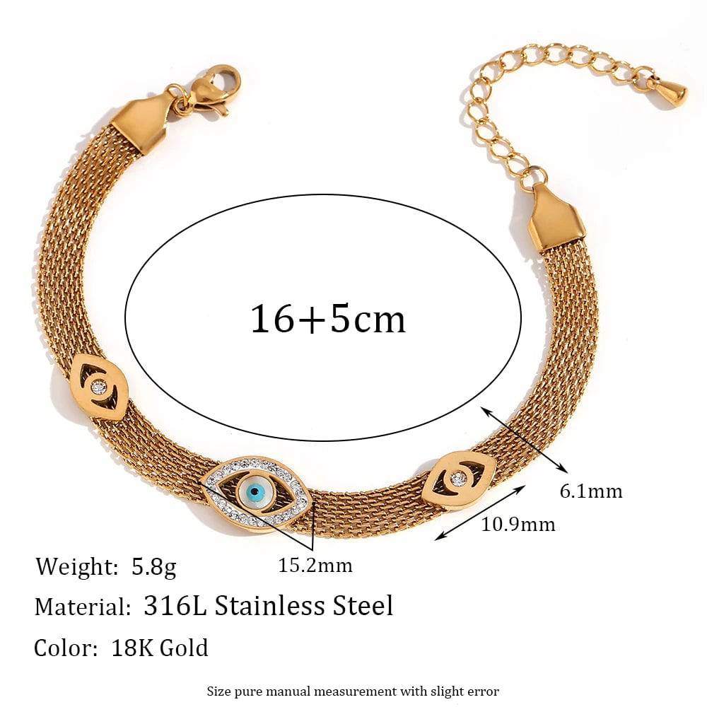 18K Gold Plated Stainless Steel Evil Eye Rhinestone Charm Bracelet Collection - Tarot Treasures