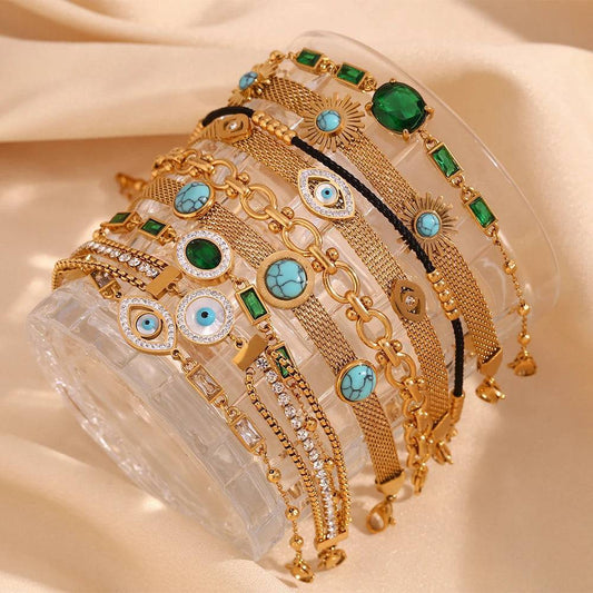 18K Gold Plated Stainless Steel Evil Eye Rhinestone Charm Bracelet Collection - Tarot Treasures