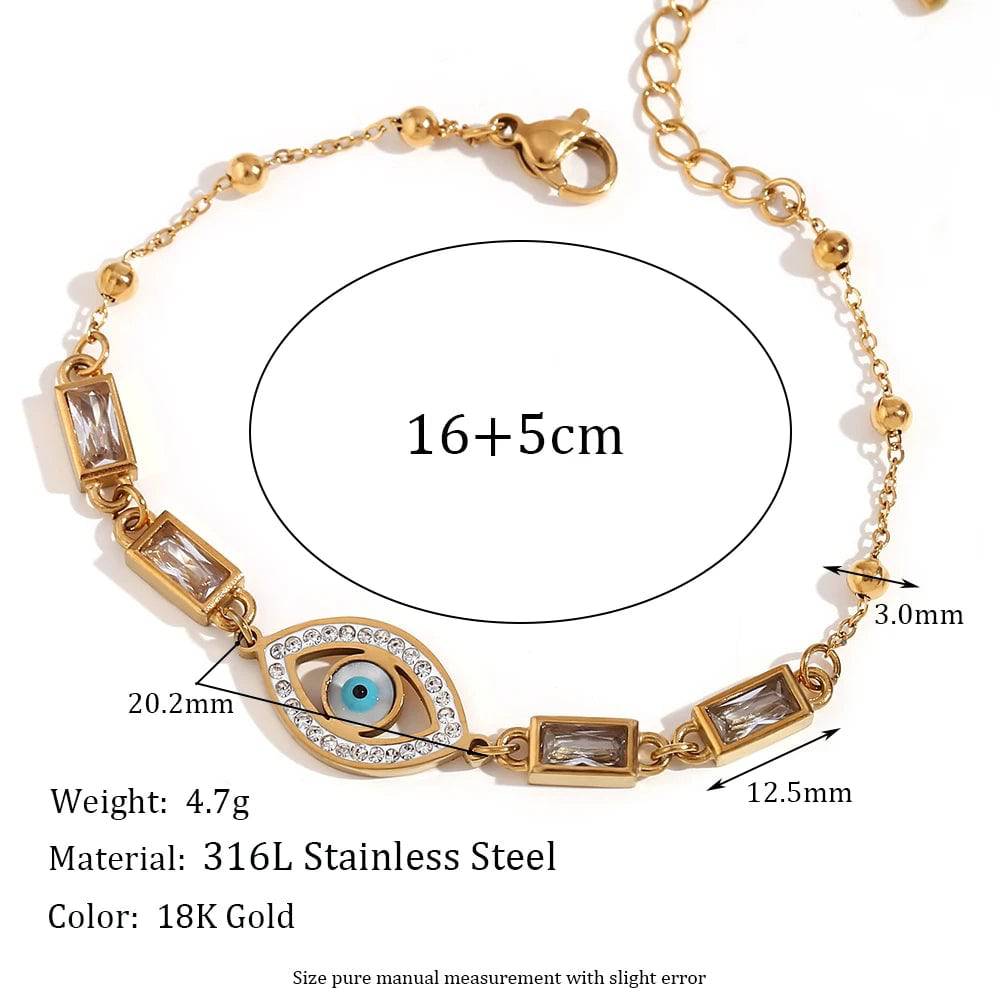 18K Gold Plated Stainless Steel Evil Eye Rhinestone Charm Bracelet Collection - Tarot Treasures