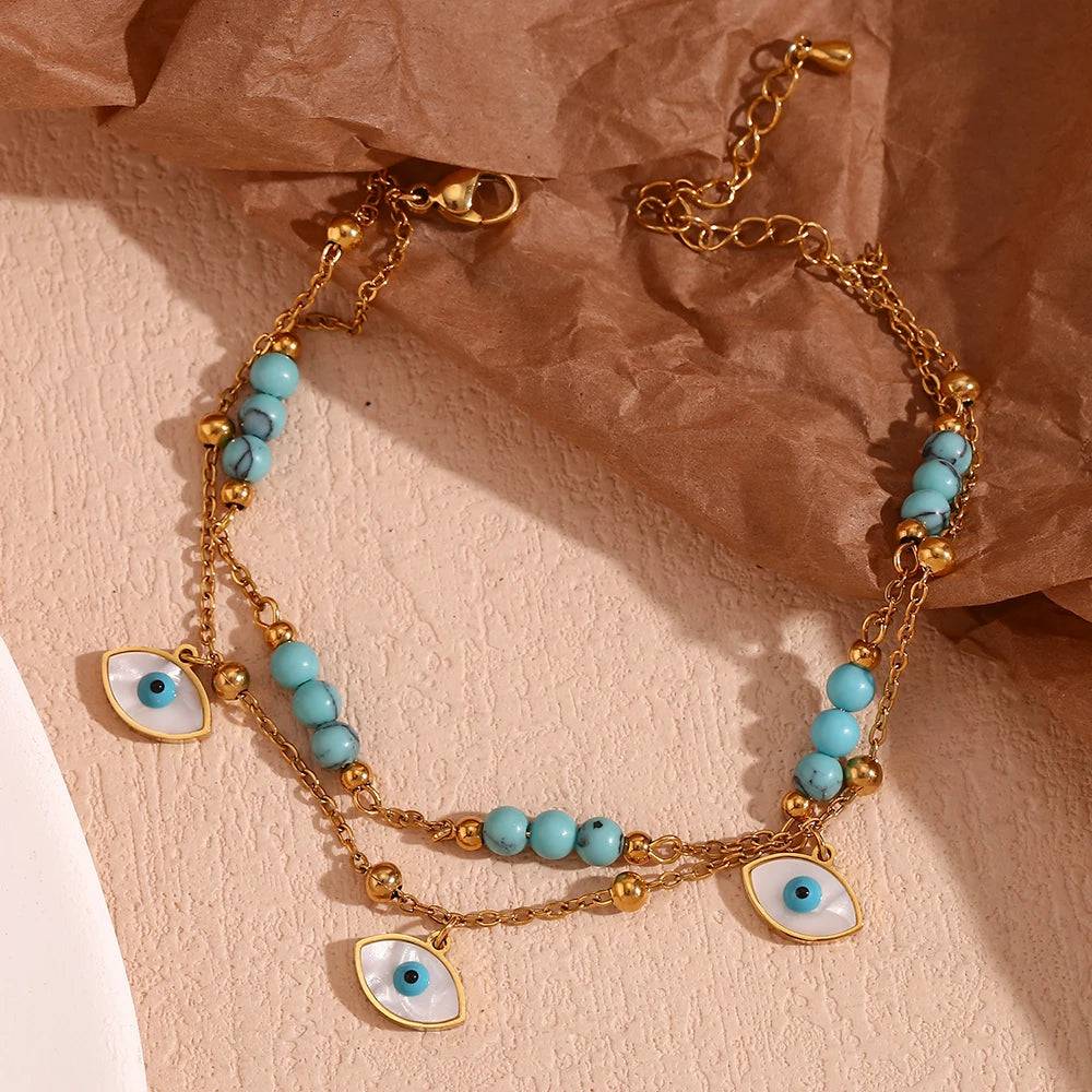 18K Gold Plated Stainless Steel Tarnish Free Evil Eye Anklet - Tarot Treasures