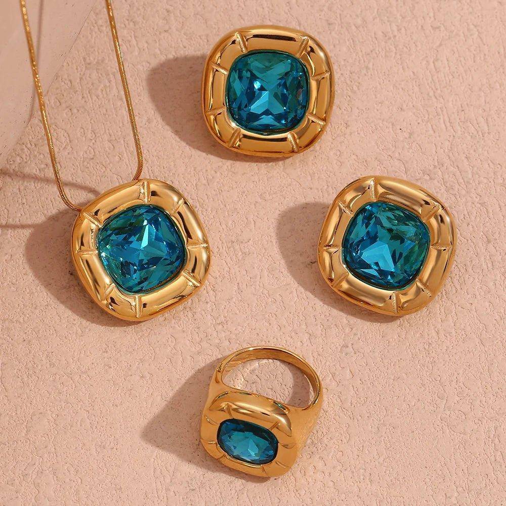 18K Gold Plated Stone Stainless Steel Tarnish Free Necklace, Earrings and Ring Jewellery Sets - Tarot Treasures