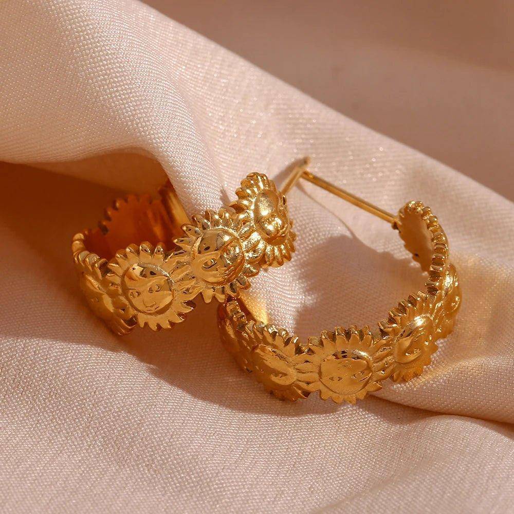 18K Gold Plated Sun Stainless Steel Tarnish Free Hoop Earrings - Tarot Treasures