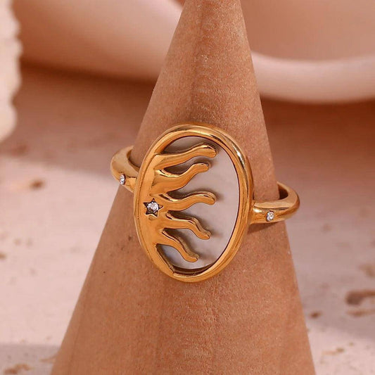 18K Gold Plated Sunburst Mother-of-Pearl Stainless Steel Tarnish Free Ring - Tarot Treasures