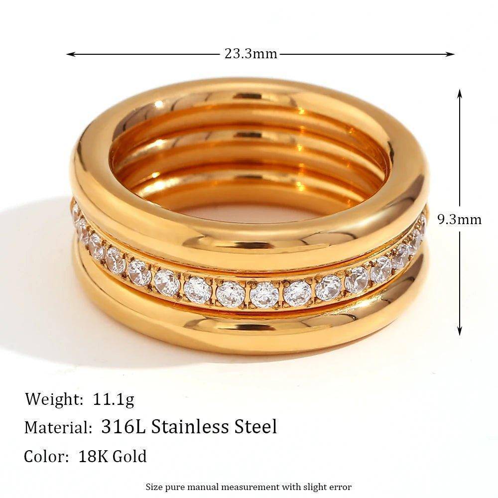 18K Gold Plated Three Piece Zircon Stainless Steel Tarnish Free Ring Set - Tarot Treasures