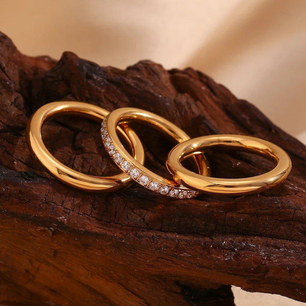 18K Gold Plated Three Piece Zircon Stainless Steel Tarnish Free Ring Set - Tarot Treasures