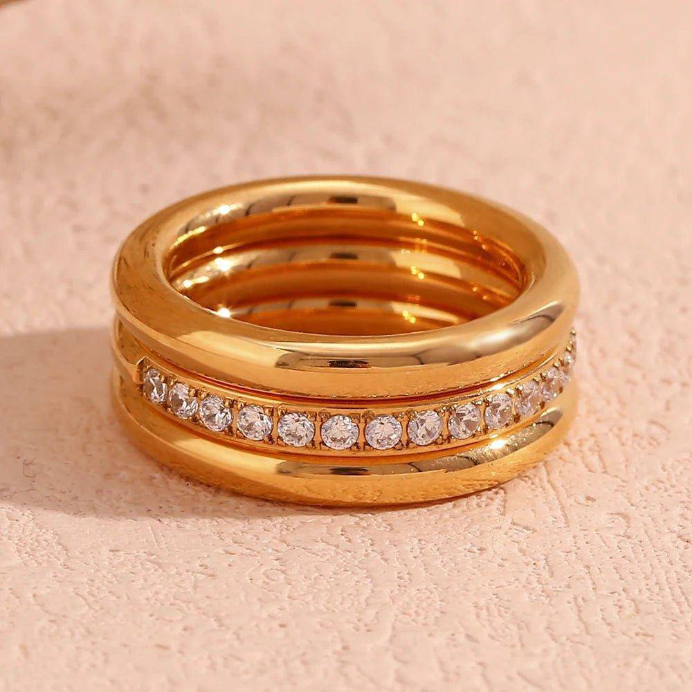 18K Gold Plated Three Piece Zircon Stainless Steel Tarnish Free Ring Set - Tarot Treasures