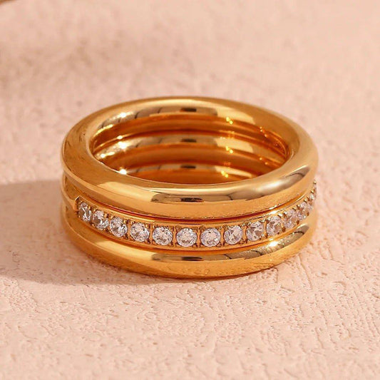 18K Gold Plated Three Piece Zircon Stainless Steel Tarnish Free Ring Set - Tarot Treasures