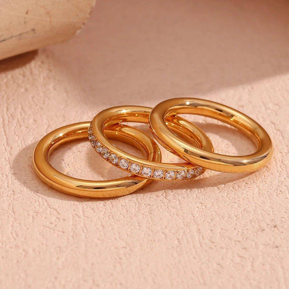 18K Gold Plated Three Piece Zircon Stainless Steel Tarnish Free Ring Set - Tarot Treasures