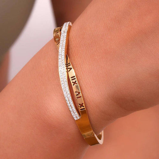 18K Gold Plated Timeless Roman Numerals Rhinestone Tarnish Free Bangle Bracelet - Tarot Treasures