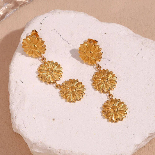 18K Gold Plated Triple Sunflower Tarnish Free Drop Earrings - Tarot Treasures