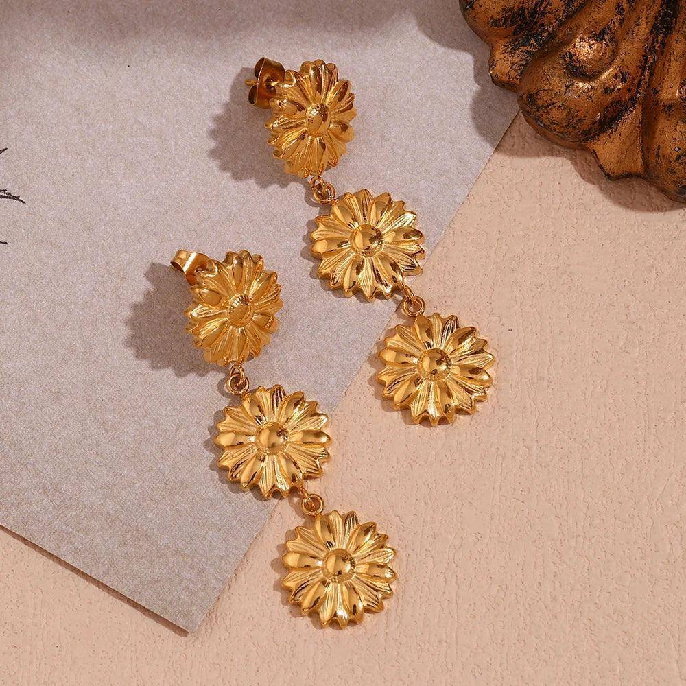 18K Gold Plated Triple Sunflower Tarnish Free Drop Earrings - Tarot Treasures