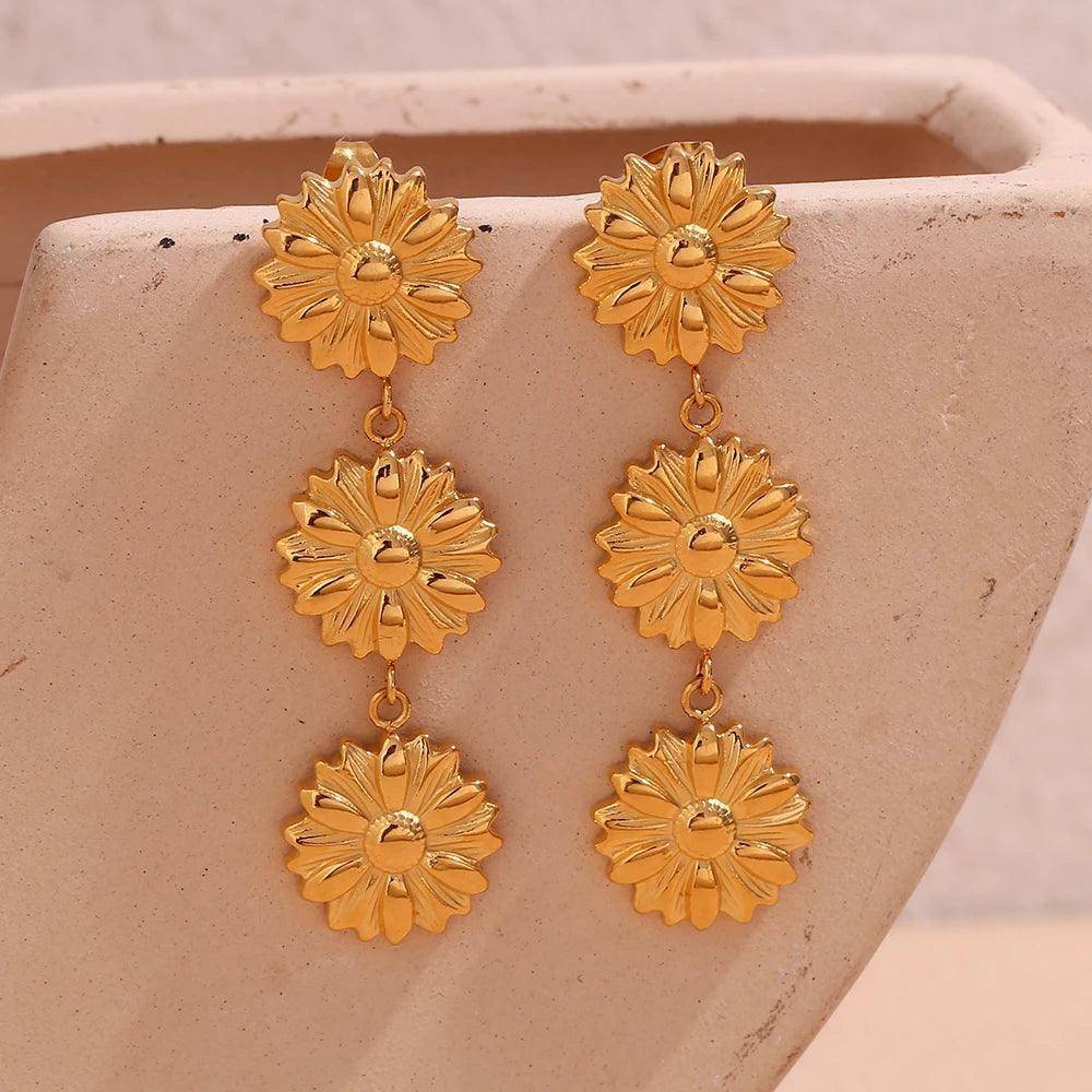 18K Gold Plated Triple Sunflower Tarnish Free Drop Earrings - Tarot Treasures