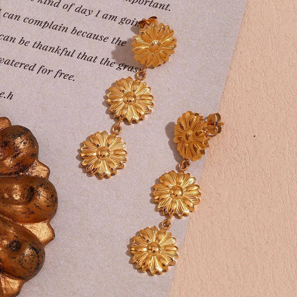 18K Gold Plated Triple Sunflower Tarnish Free Drop Earrings - Tarot Treasures