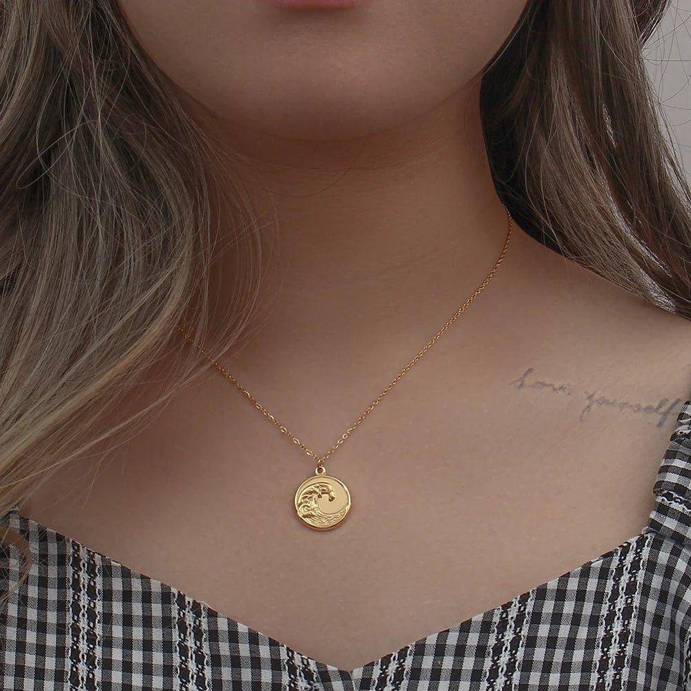 18K Gold Plated Wave Ocean Stainless Steel Tarnish Free Pendant Necklace - Tarot Treasures