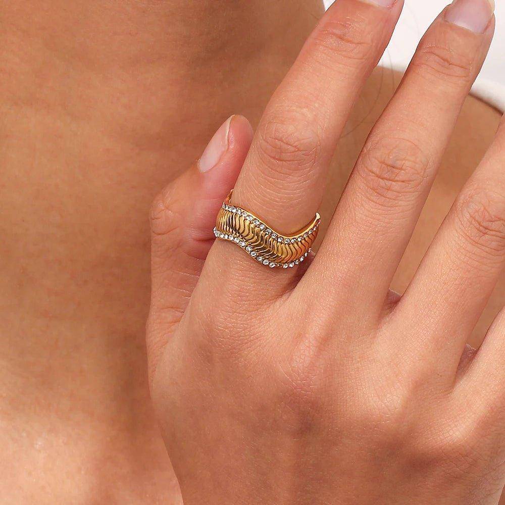 18K Gold Plated Wavy Rhinestone Stainless Steel Tarnish Free Ring - Tarot Treasures