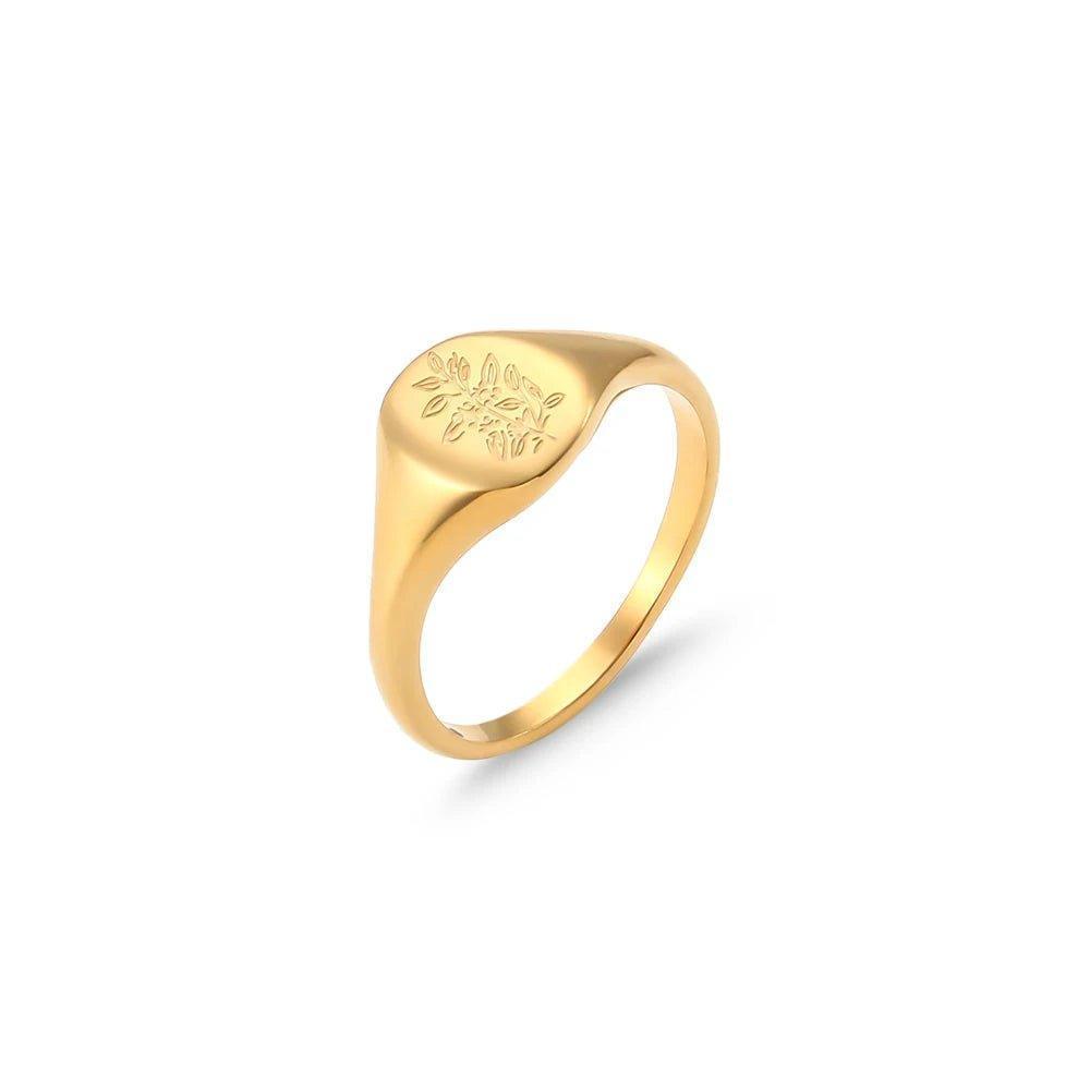 18k Gold Plated Wildflower Engraved Stainless Steel Tarnish Free Ring - Tarot Treasures