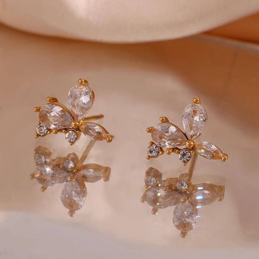 18K Gold Plated Zircon Leaf Flower Stainless Steel Tarnish Free Stud Earrings - Tarot Treasures