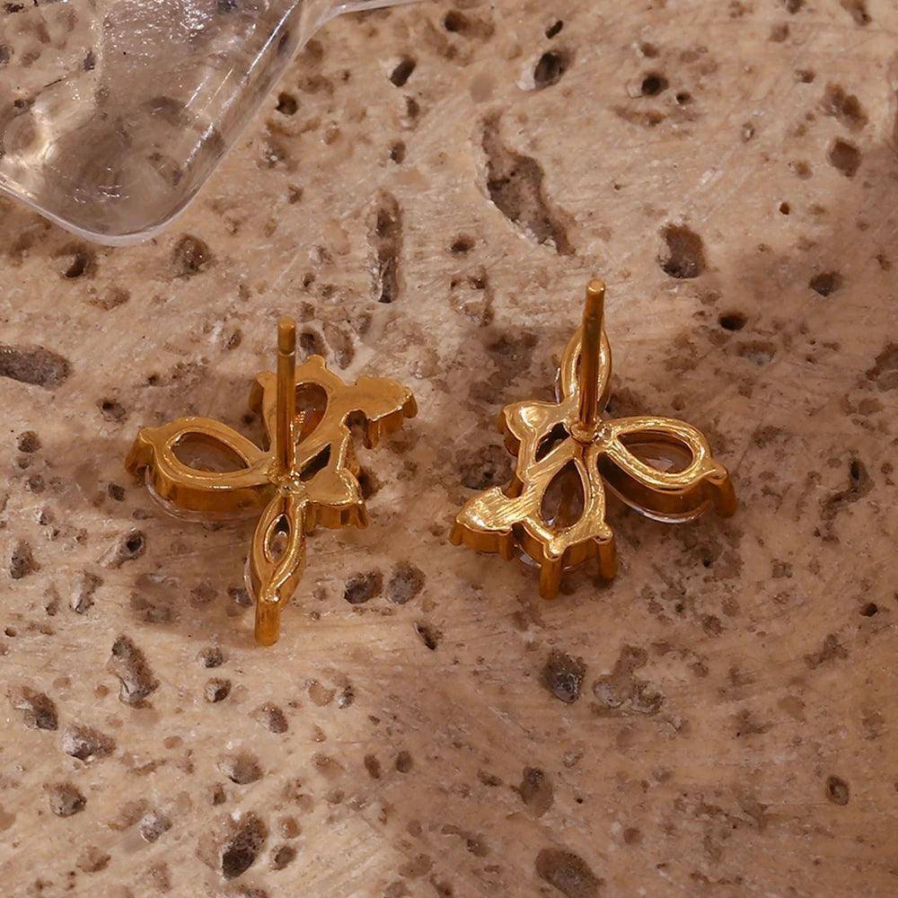 18K Gold Plated Zircon Leaf Flower Stainless Steel Tarnish Free Stud Earrings - Tarot Treasures