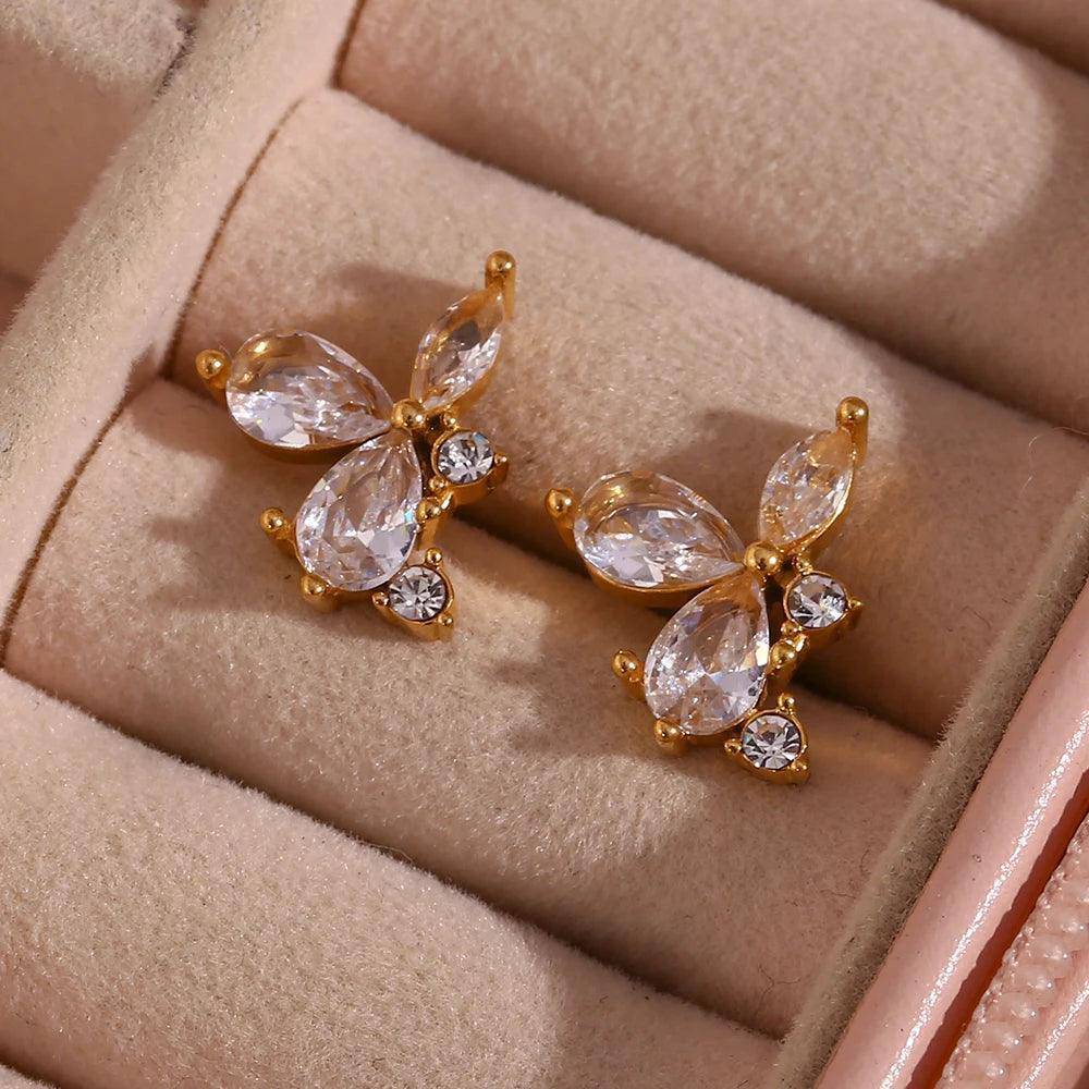 18K Gold Plated Zircon Leaf Flower Stainless Steel Tarnish Free Stud Earrings - Tarot Treasures