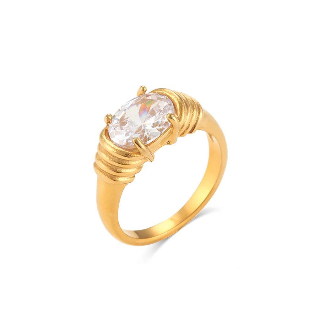 18K Gold Plated Zircon Oval Cut Stone Stainless Steel Tarnish Free Ring - Tarot Treasures