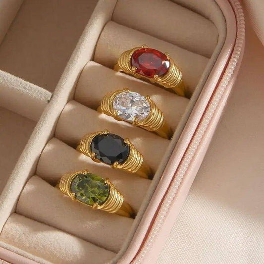 18K Gold Plated Zircon Oval Cut Stone Stainless Steel Tarnish Free Ring - Tarot Treasures