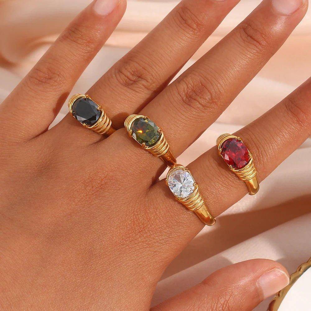 18K Gold Plated Zircon Oval Cut Stone Stainless Steel Tarnish Free Ring - Tarot Treasures