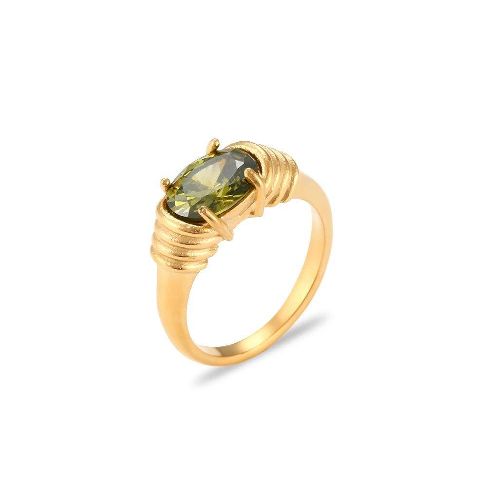 18K Gold Plated Zircon Oval Cut Stone Stainless Steel Tarnish Free Ring - Tarot Treasures