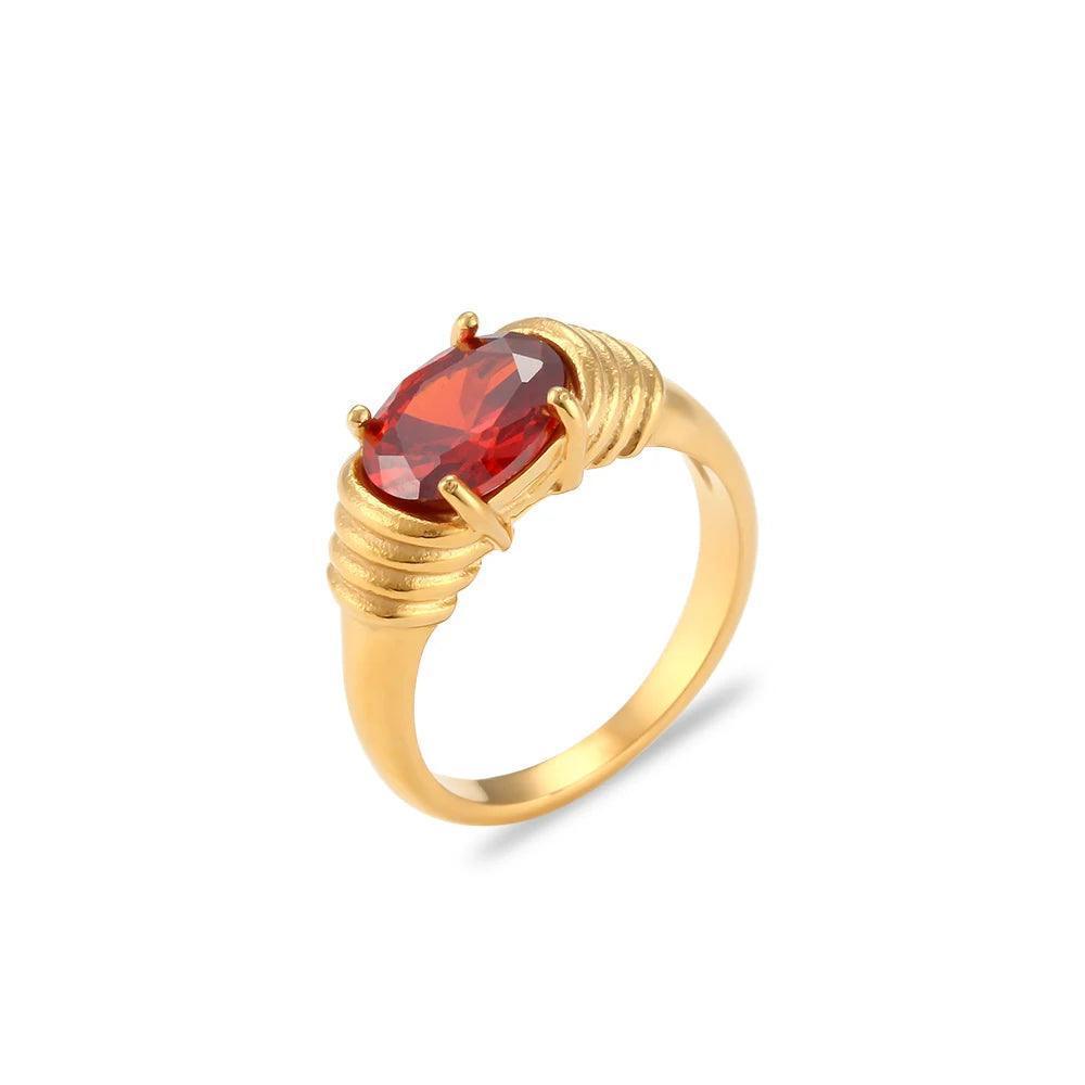 18K Gold Plated Zircon Oval Cut Stone Stainless Steel Tarnish Free Ring - Tarot Treasures
