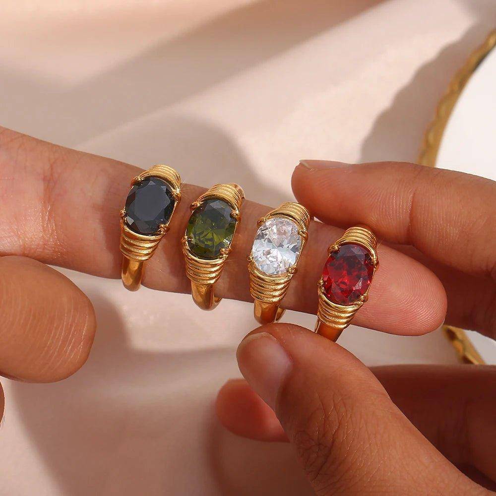 18K Gold Plated Zircon Oval Cut Stone Stainless Steel Tarnish Free Ring - Tarot Treasures