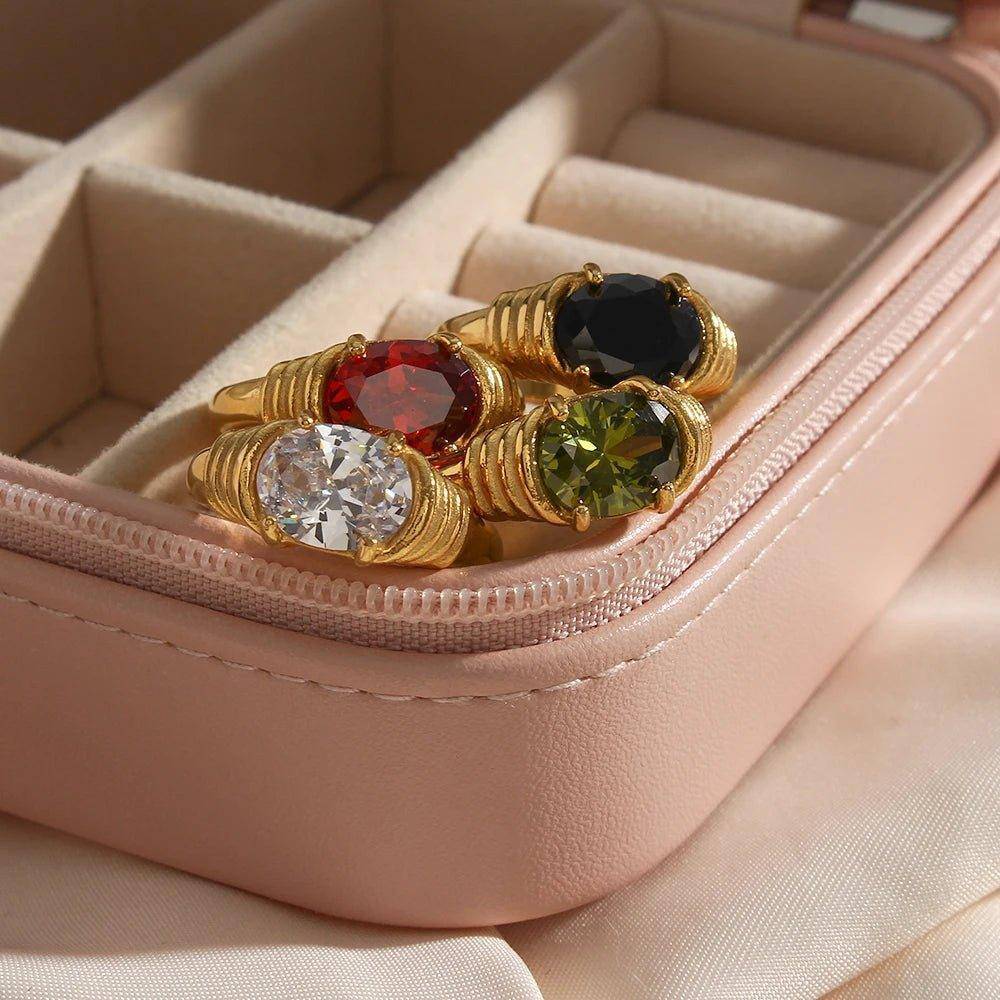 18K Gold Plated Zircon Oval Cut Stone Stainless Steel Tarnish Free Ring - Tarot Treasures