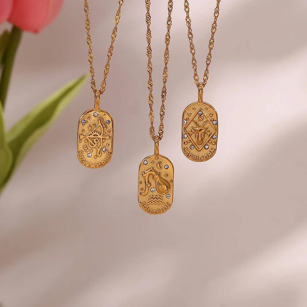 18K Gold Plated Zodiac Sign Stainless Steel Tarnish Free Pendant Necklace - Tarot Treasures