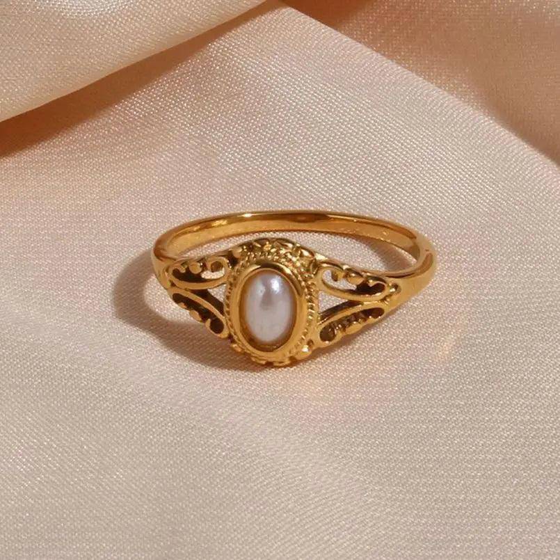18K Gold Plated Faux Pearl Stainless Steel Tarnish Free Ring - Tarot Treasures