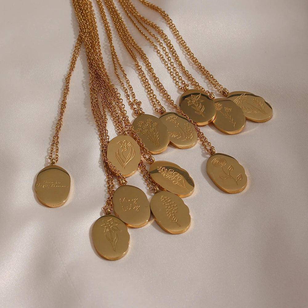 Gold Plated Birth Month Flower Stainless Steel Tarnish Free Pendant Necklace - Tarot Treasures