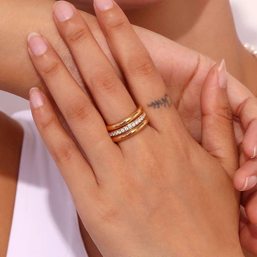 18K Gold Plated Three Piece Zircon Stainless Steel Tarnish Free Ring Set - Tarot Treasures