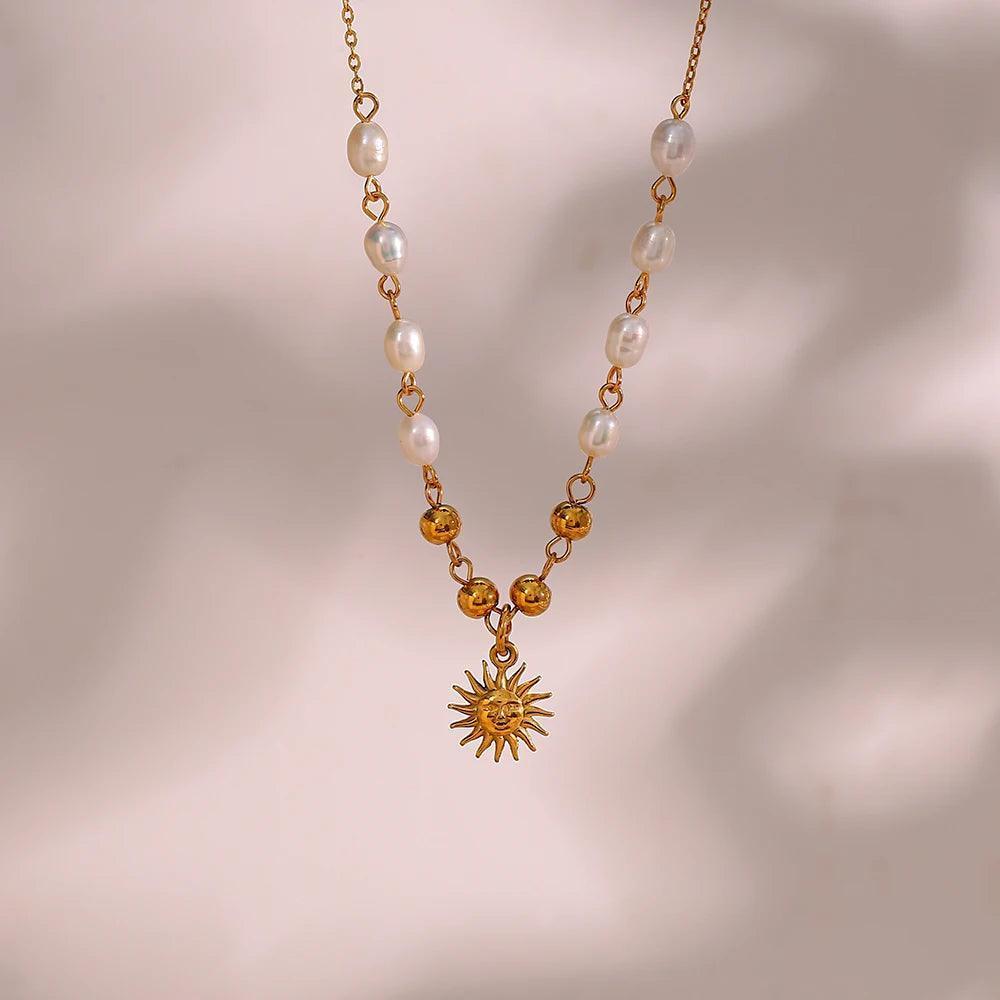 Faux Pearl Sun Pendant Stainless Steel Tarnish Free Necklace - Tarot Treasures