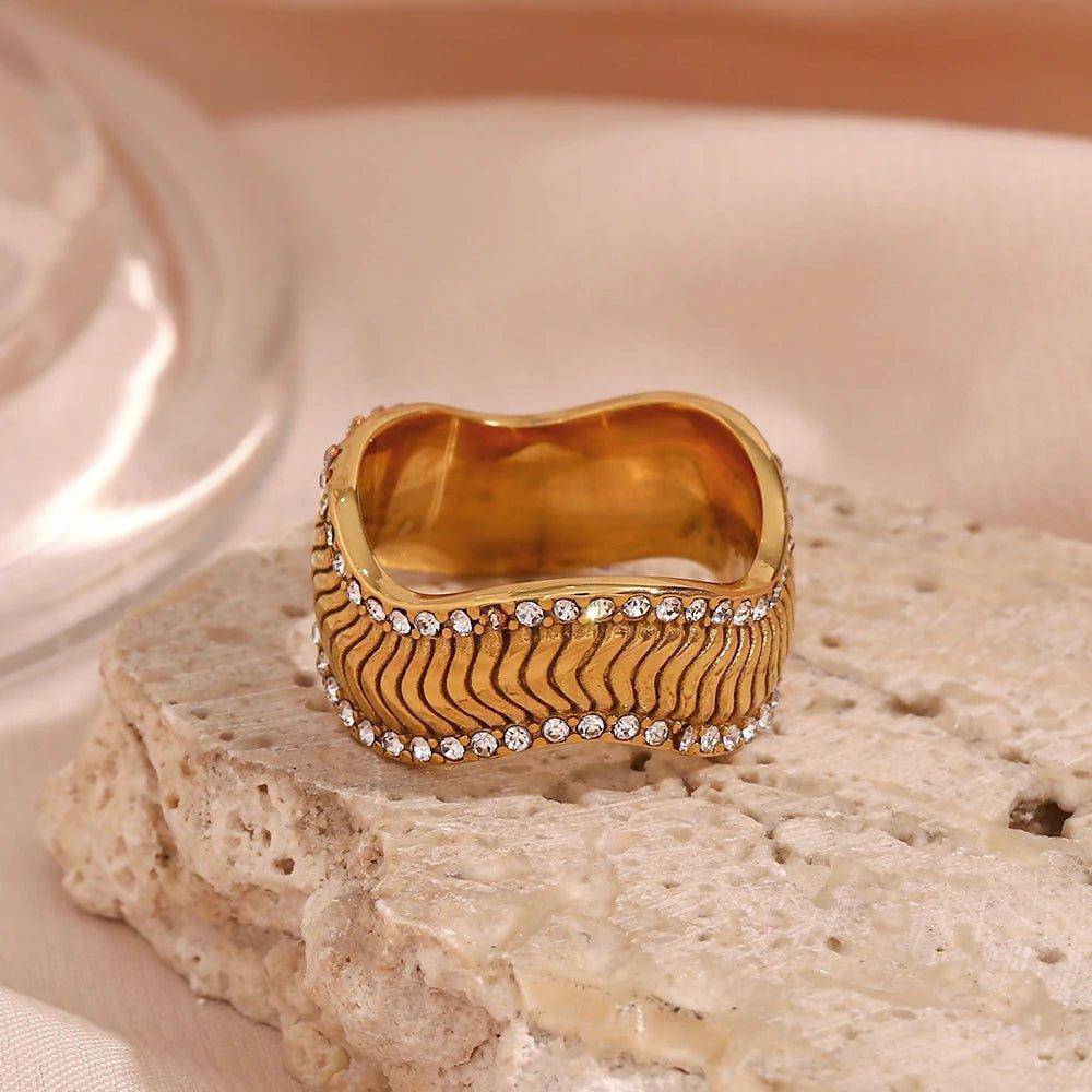 18K Gold Plated Wavy Rhinestone Stainless Steel Tarnish Free Ring - Tarot Treasures