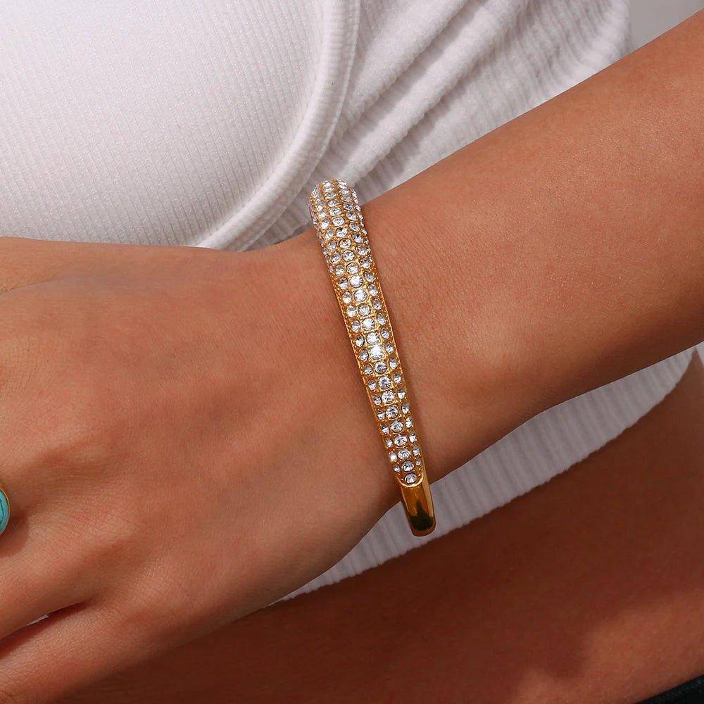 18K Gold Plated Chunky Zirconia Crystal Stainless Steel Tarnish Free Bangle - Tarot Treasures