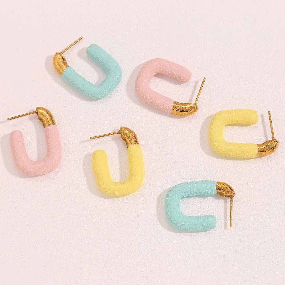 Baby Green Pink Yellow Enameled Rectangle Stainless Steel Hoops - Tarot Treasures