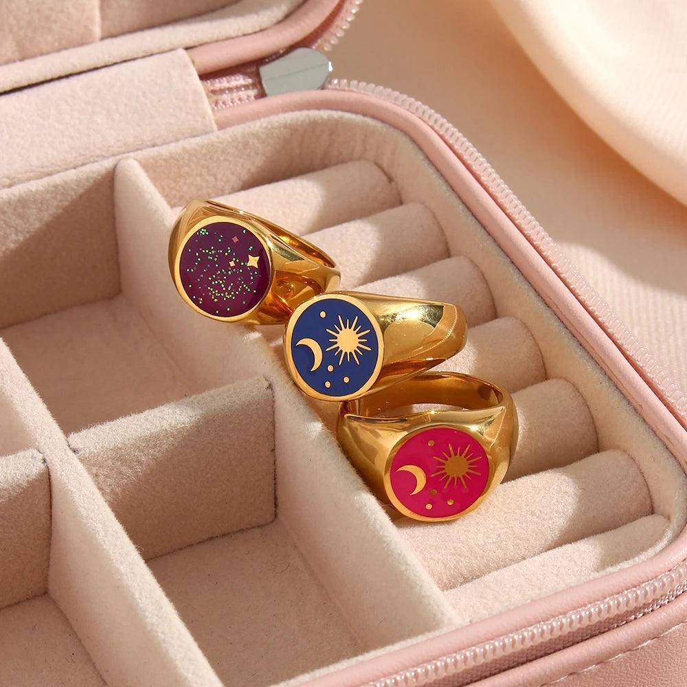 Circular Universe Golden Stainless Steel Tarnish Free Ring - Tarot Treasures