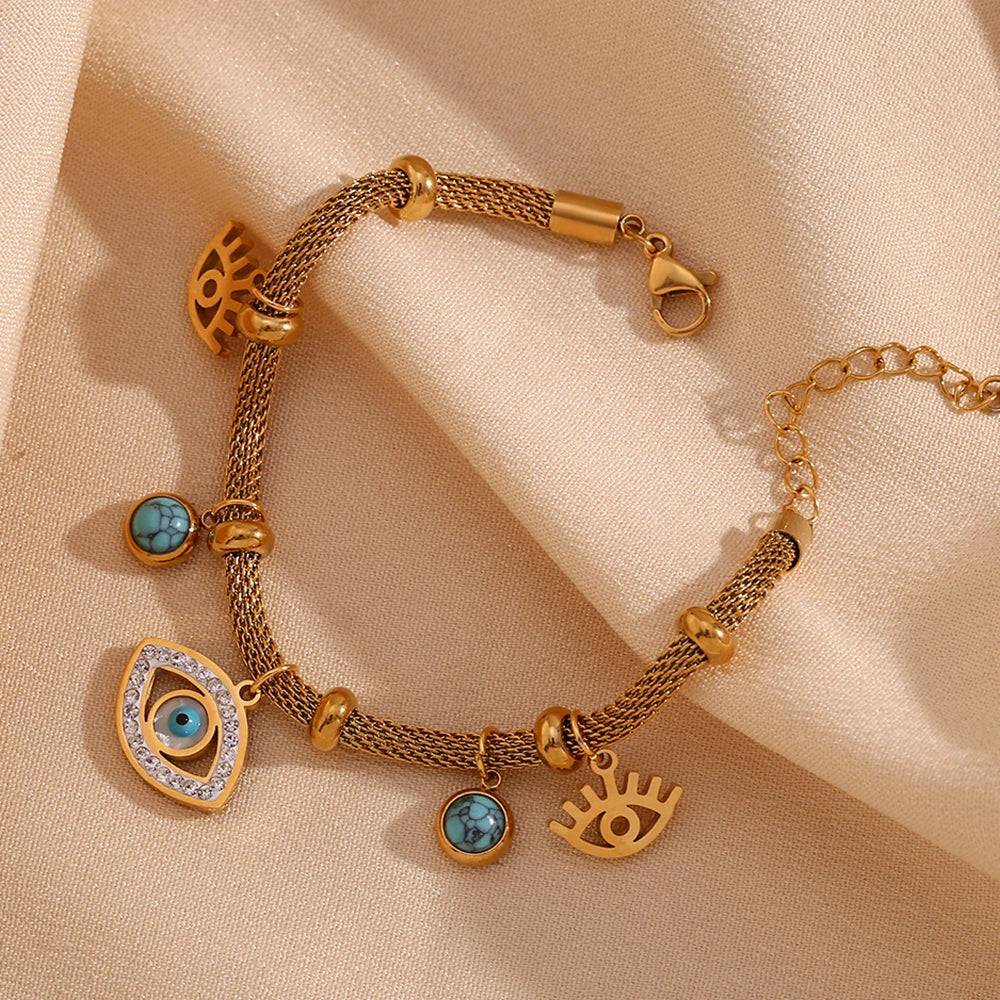 E.B.belle Septum Bead Turquoise Eye Necklace for Women Bracelet Tarnish Free 316L Stainless Steel 18K Gold Plated Jewelry Set - Tarot Treasures